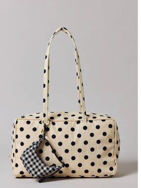 NWT BAGGU Nylon Bowler Bag - Cream + Black Polka Dot
